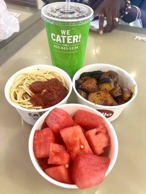 Watermelon  Spaghetti with Sauce Roasted potatoes  Pepsi