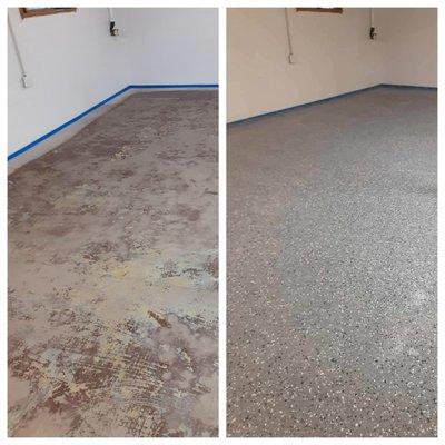 Before and After Epoxy Floor care. Protect your cement from ice, snow, salt, mud, oil, etc!