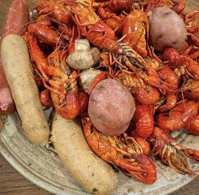 Crawfish, Boudin, Potatoes, Mushrooms, Sausages