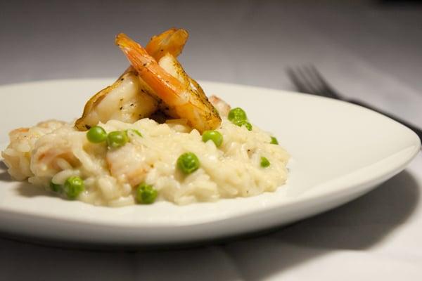 Sweet pea and prosecco risotto with grilled shrimp