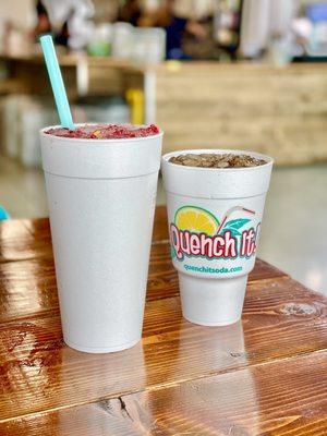 The R&R (water, rasp purée, fresh lemon and lime) with added fresh raspberries, and The Quencher (DP + Coconut)