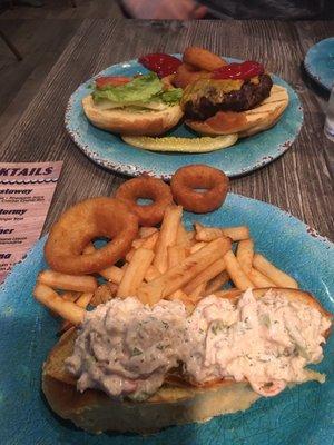 Lobster roll and burger with cheddar