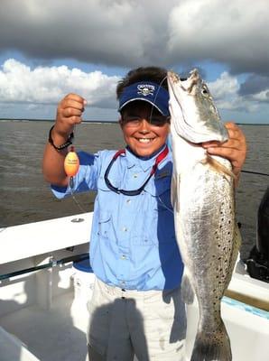 Bay catches a gator trout on a Thunder Chicken!!