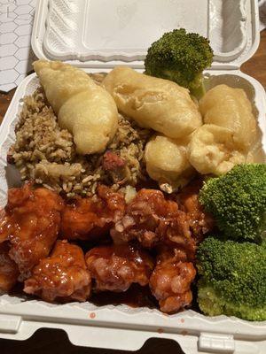 General Tso's, chicken fingers, rice and broccoli.