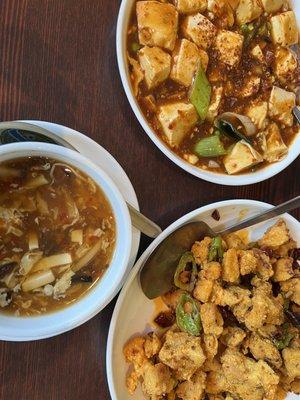 Vegetarian mapo tofu, pepper chicken and hot & sour soup