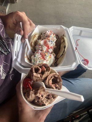 Banana Split with chocolate ice cream and Nutella and Strawberry ice cream.