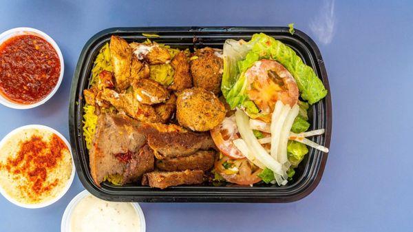 Combo plate, beef gyro,chicken Shawarma,falafel, over rice