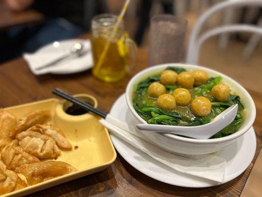 Hong Kong Style Curry Fishball Noodle Soup & Veggie Pan-Fired Potstickers