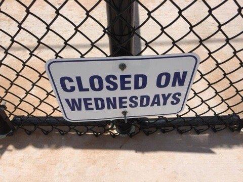 Closed on Wednesdays. They do this to give the grass a break and to cut the grass.