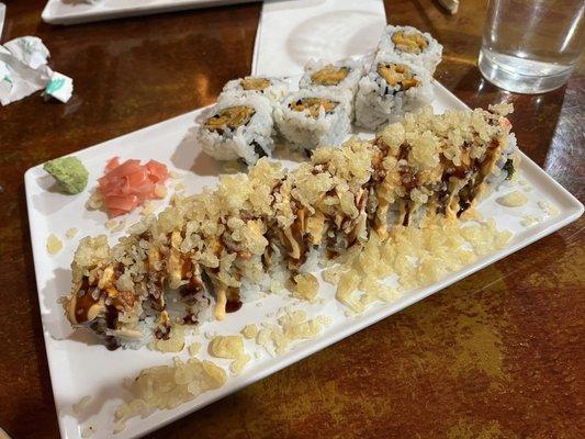 deluxe spicy crunchy crab roll & sweet potato roll