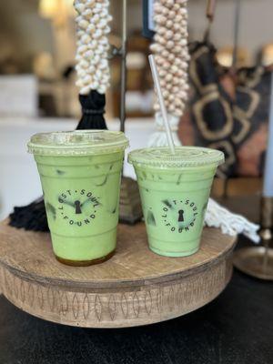 Lavender and mango matcha lattes