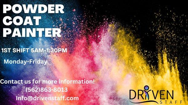 Calling all experienced powder coat painters!  Take your skills to the next level and join the Driven Staff team.