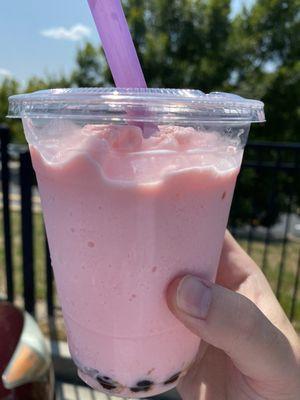 Strawberry bubble tea smoothie.