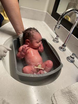 This is how they have my baby a first bath.