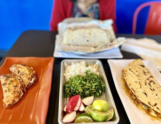 Lengua super burrito, perrona with picadillo, taco fixins, barbacoa tacos