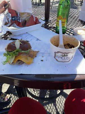 Bbq beef in a pretzel roll and tortilla soup.