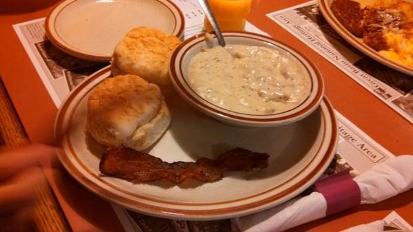 My daughters biscuits and gravy usually comes with 2 eggs but they let us substitute for bacon