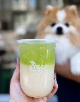 Cucumber Lychee: Cucumber juice topped w/ fresh lychee juice, jasmine tea | $5.75