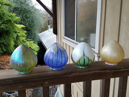 Selection of hand blown art glass shades from Lundberg Studios in Davenport, California.