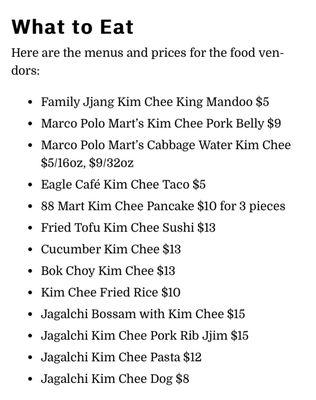 Menu of vendors listed by Honolulu Magazine. https://www.honolulumagazine.com/kimchi-day-festival/