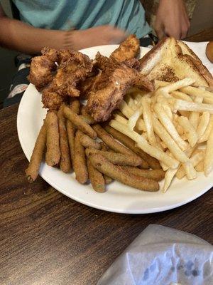 Chicken tenders, fries and fried green beans