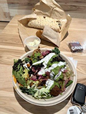 Lentil Avocado bowl, crazy feta dip, pita chips and a Greek Chicken Pita