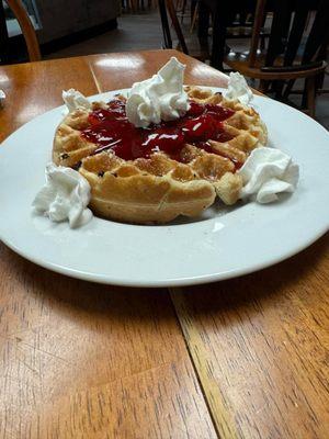 Pearl Sugar Waffle with strawberry topping and whipped cream