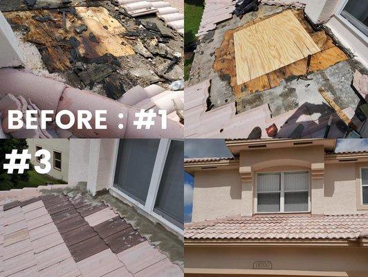 Before, during and after shots of a rooftop tile repair