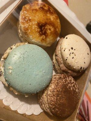 Smores, Creme Brûlée, Dark Chocolate + Pistachio macarons