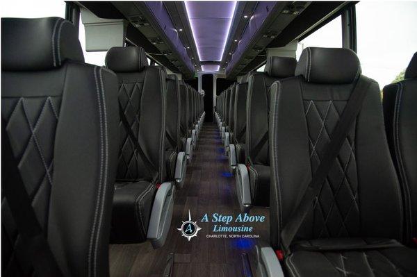 Interior photo of our top of the line MCI J4500 (56-passenger) motorcoach bus. Perfect for any group travel!