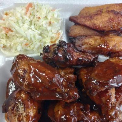 Jerk Wings, Sweet Plantains and Coleslaw