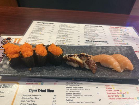 smelt egg nigiri, unagi, seared salmon nigiri