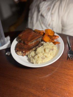 Not your moms meatloaf, with glazed carrots and mashed potatoes.