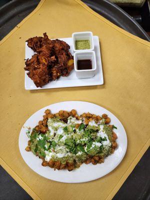 Onion Bhaji and samosa channa chat