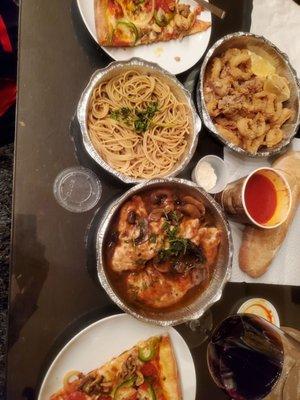 Supreme pie, chicken marsala, fried calamari