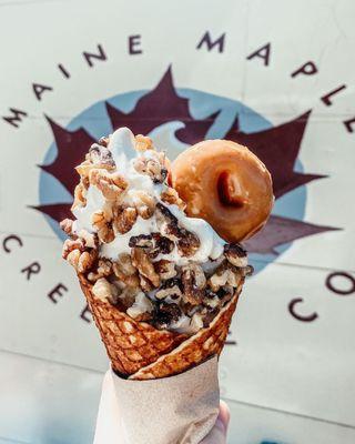 Maple soft serve in a waffle cone with walnuts and an eighty8 maple donut!