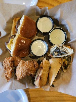 Appetizer Trio, sliders, tenders, egg rolls