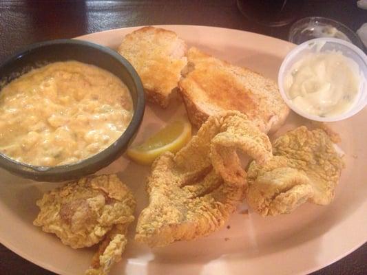 Crawfish au gratin, two fried fish and one stuffed shrimp.