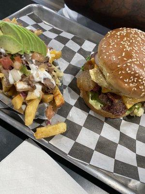 Asada Fries & Cheeseburger with an egg