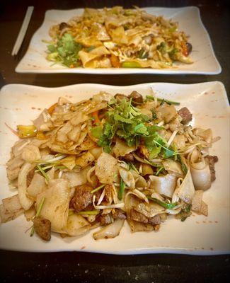 Basil beef and chicken with wide noodle stir fry