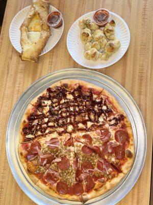 Pizza (half bbq & half meat lovers), garlic knots, and pizza roll