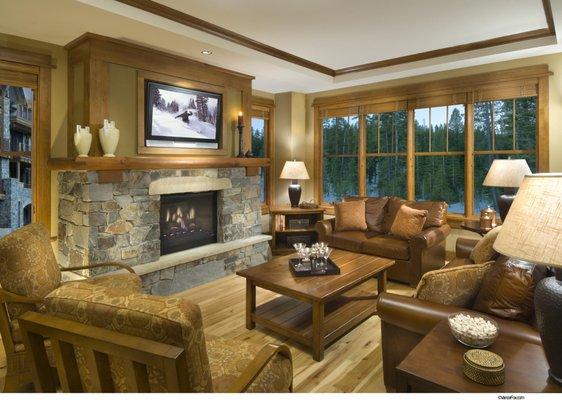 Great room with gas fireplace in a standard, Village at Northstar residence.