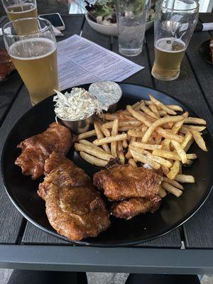 Fish and chips, with lavender kolsch