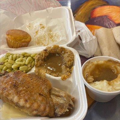 Turkey wing and 3 sides (Lima beans, stuffing, mash pots)