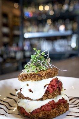 "STACK" Eggplant cutlets, roasted tomatoes, fresh mozzarella, balsamic glaze.