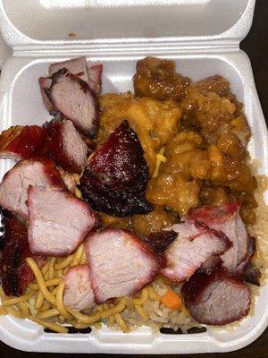 Fried rice & chow mein w/ orange chicken & bbq pork