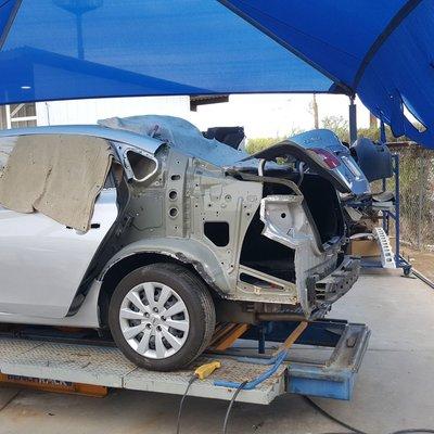 Rear quarter panel replacement from a backend collision in Phoenix.