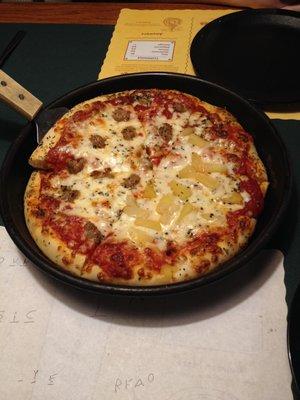 Medium deep dish, 1/2 sausage, 1/2 pineapple.