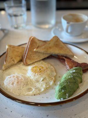 Eggs, avocado, bacon, and toast