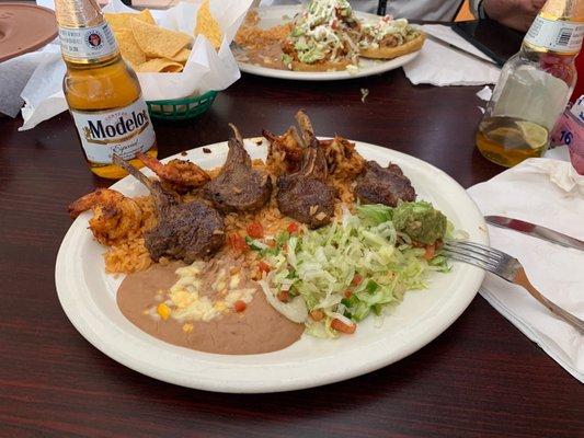 The Veracruz plate. Four spicy shrimp and three lamp chops served with beans rice pico de Gallo and tortillas.